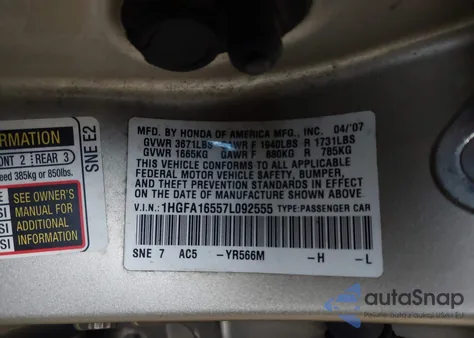 2007 Honda Civic Lx z USA, uszkodzony, nr VIN 1HGFA16557L092555
